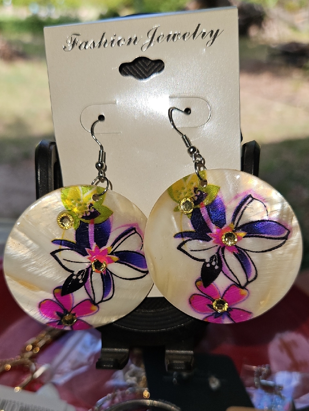 Fashion Jewelry Pink & Purple Floral Mother-of-Pearl Shell Drop Earrings